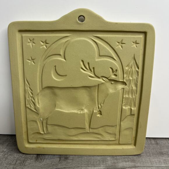 Vintage 1994 Brown Bag Cookie Art 5.5” Square HILL DESIGN Reindeer Ceramic Mold - Picture 4 of 4